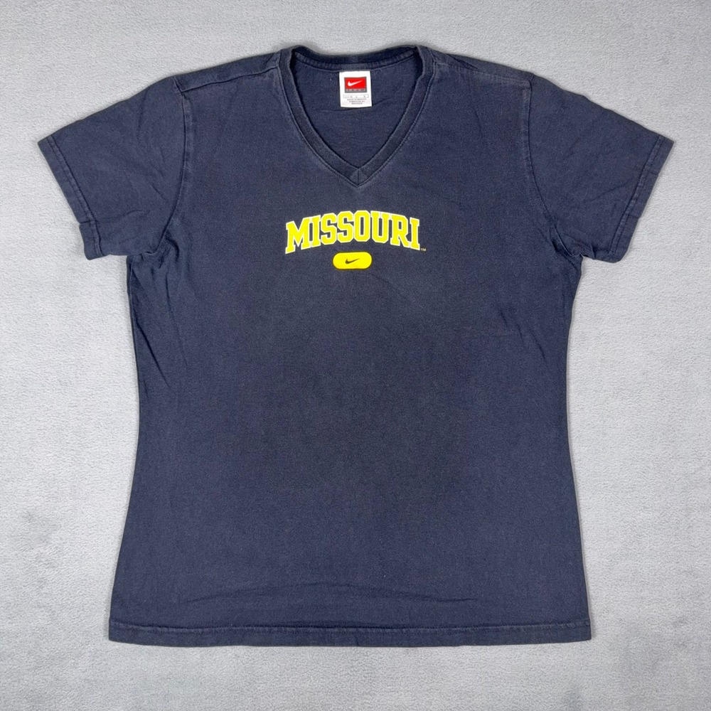 Nike Team Missouri Tigers V-Neck T-Shirt Navy Blue Yellow Graphic Mens Large L